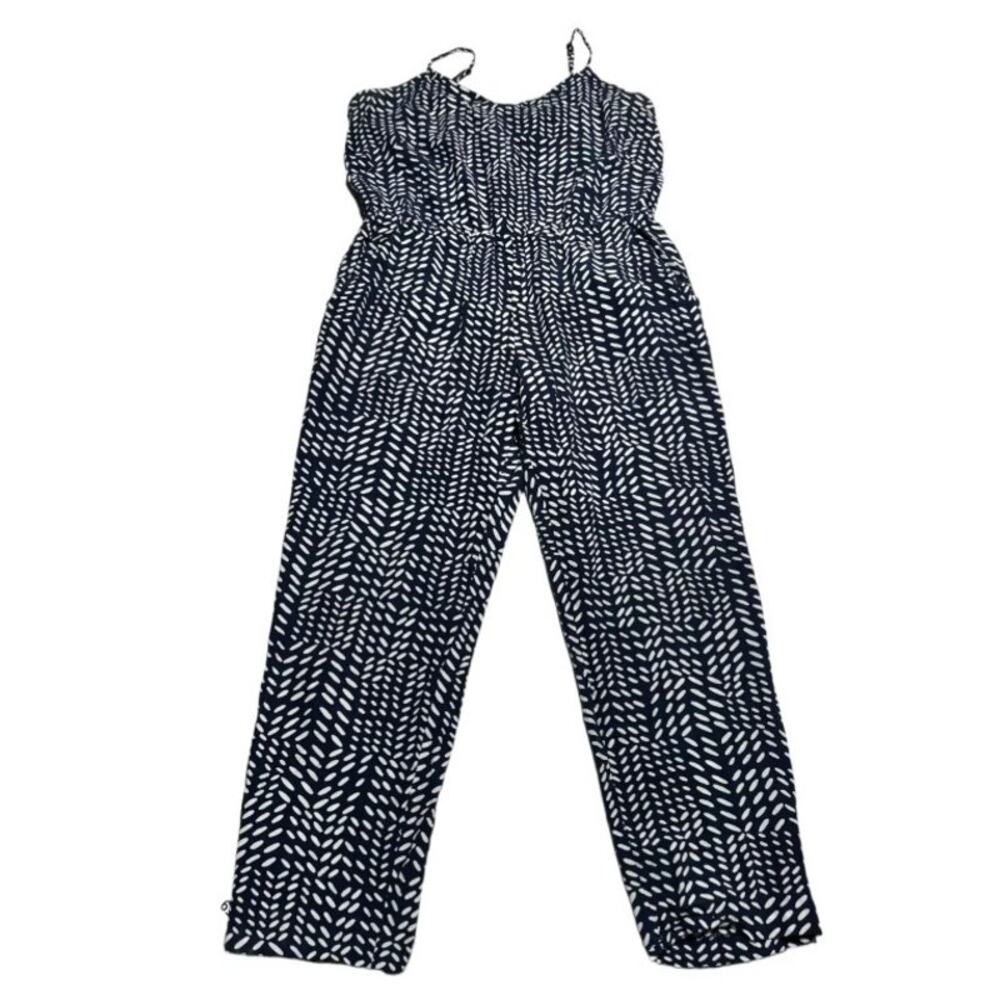 LOFT Navy & White Printed Spaghetti-Strap Jumpsuit